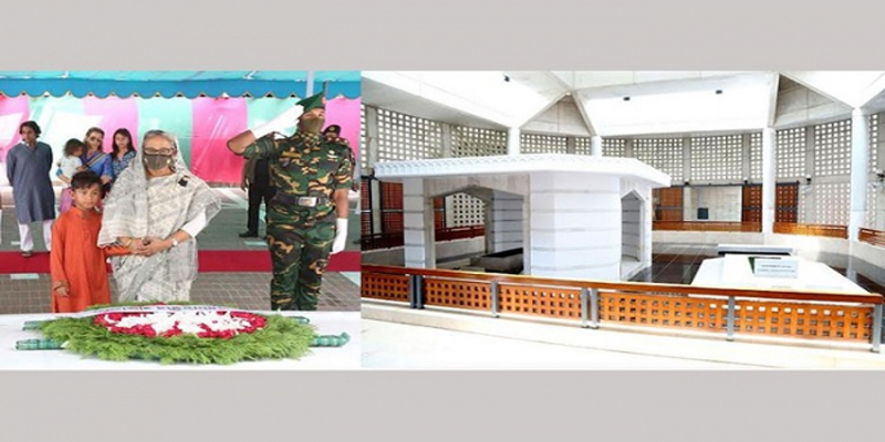 টুঙ্গিপাড়ায় বঙ্গবন্ধুর সমাধিতে প্রধানমন্ত্রীর শ্রদ্ধা