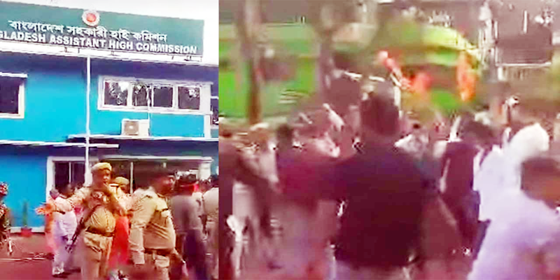 আগরতলায় বাংলাদেশ হাইকমিশনে ভাঙচুর, জাতীয় পতাকা ছিঁড়ে আগুন